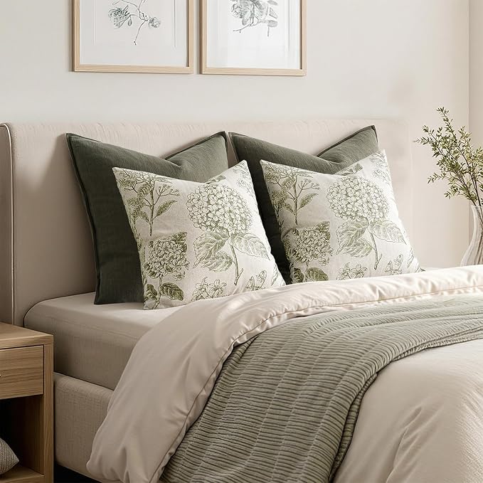 Set of 2 Decorative Floral Pillow Covers 20x20 Inch Light Green | Neutral - Image 6