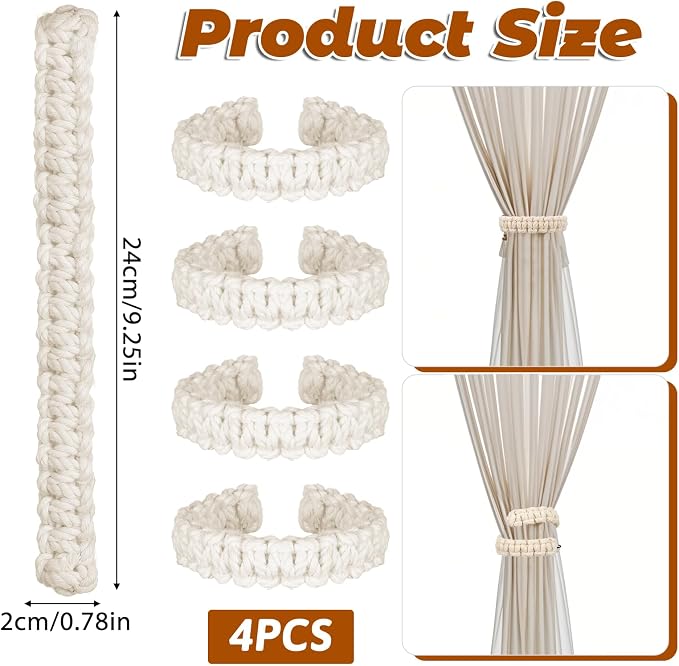 Ptwola 4 Pack Braided Curtain Tiebacks Boho Elegant Rustic Curtain Holdbacks - Image 2