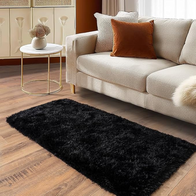 Soft Runner Rugs for Bedroom Hallways, 2x4 Black Fluffy Shag Throw Area Rug Non - Image 2