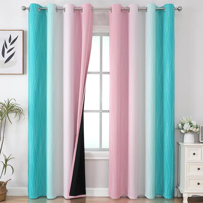 Estelar Textiler Pink and Teal Blackout Curtains 102 Inch Length 2 Panels Set by ESTELARTEXTILER