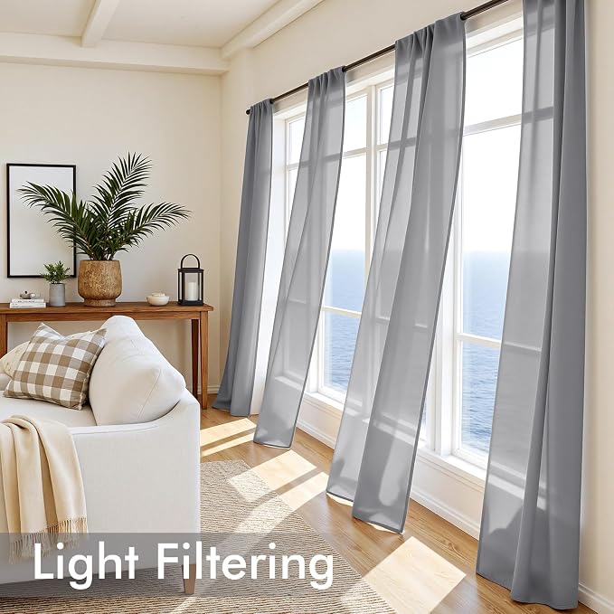 MIULEE Dark Grey Sheer Curtains 108 Inches Long, 4 Panels Set, Rod Pocket Light - Image 4