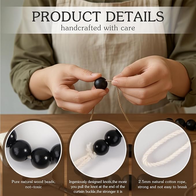 Hion 4 Pcs Boho Curtain Tiebacks, Wood Beads Curtain Holdbacks, Outdoor - Image 4