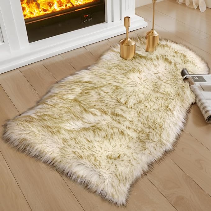 Ciicool Faux Sheepskin Rugs Soft Faux Fur Rug White Gradient Dark Green Fluffy by CIICOOLHomeDeco