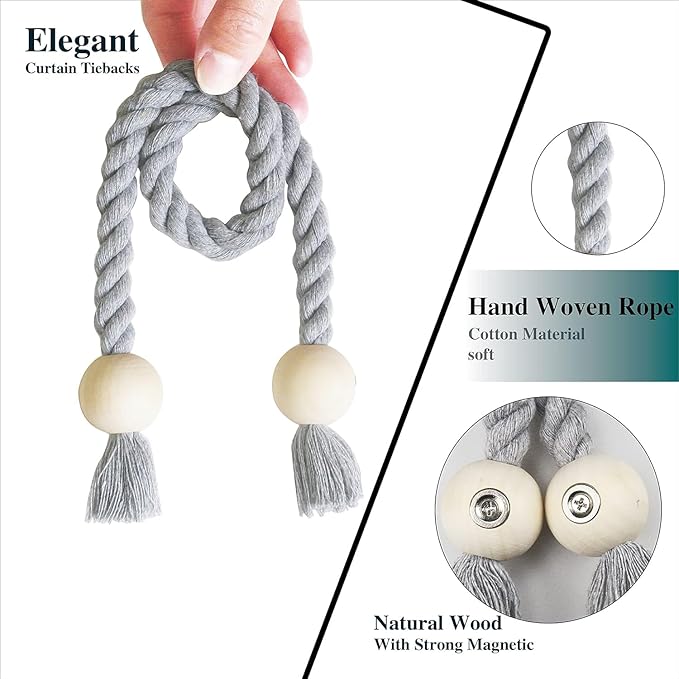 6 Pack Magnetic Curtain Tiebacks Cotton Hand Woven Tie Back Decorative Rope - Image 2