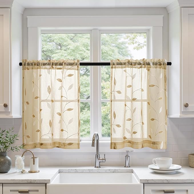 MIULEE Beige Sheer Kitchen Curtains 30x36 Inches Length 2 Panels Embroidered by MIULEE