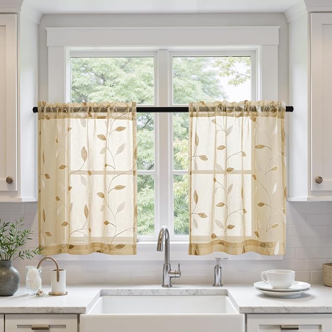 MIULEE Beige Sheer Curtains 2 Panels Embroidered Leaf Patterned Rod Pocket by MIULEE