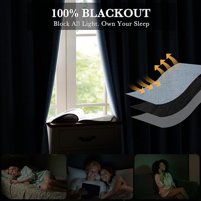 RYB HOME Smoky Blue 100% Blackout Curtains 63 inch Long, Light Blacking & - Image 3