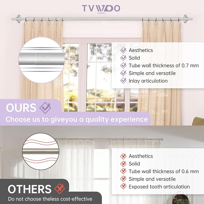 TVWOO Silver Wrap Around Curtain Rods:5/8 In Blackout Adjustable Window Curtain - Image 2
