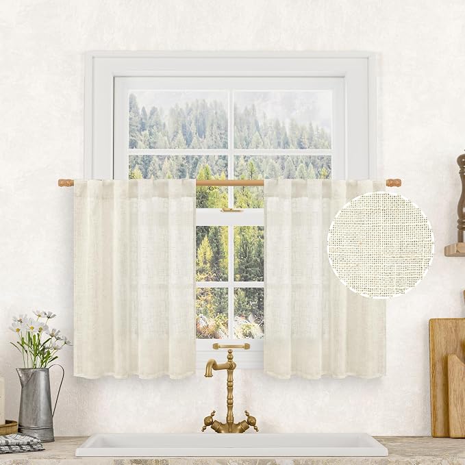 LAMIT Short Linen Kitchen Window Curtains 36 Inch Length, Over Sink Semi Sheer by LAMIT