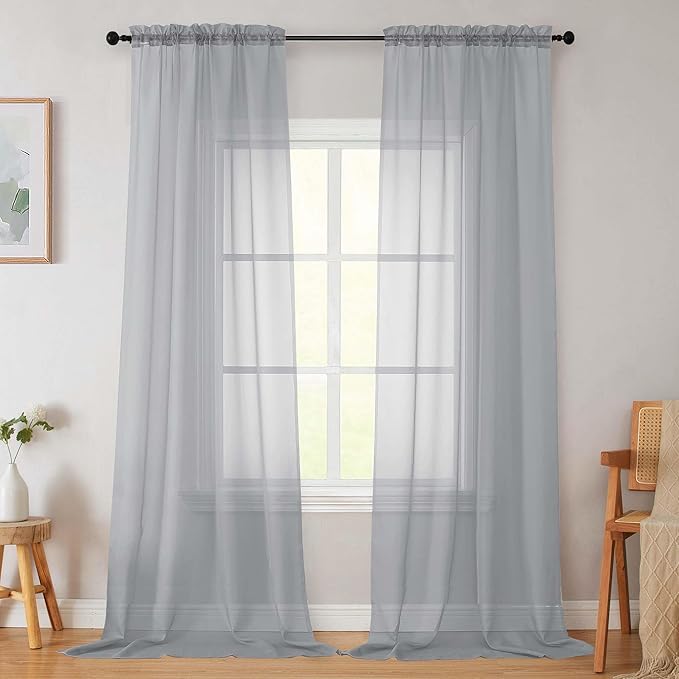 Light Grey Sheer Curtains for Bedroom Living Room 96 Inches Long 2 Panels by WelvetBLK