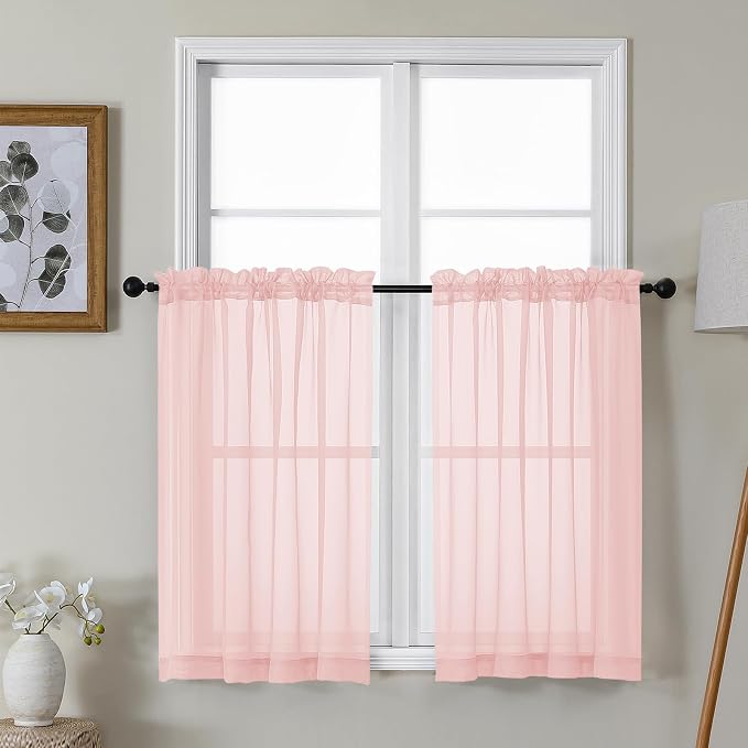 Gwine Blush Pink Sheer Kitchen Curtains 36 Inch Length, Light Filtering Voile by Gwine