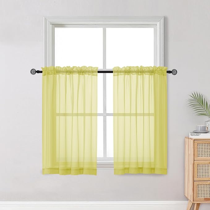 OWENIE Short Lemon Sheer Curtains 36 Inch Length 2 Panels Set, Kitchen Tiers by OWENIE