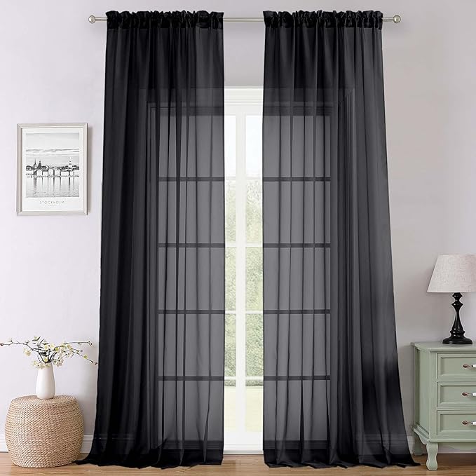 Lecloud Black Sheer Curtains 108 Inches Long 2 Panels Set, Extra Wide Airy by Lecloud