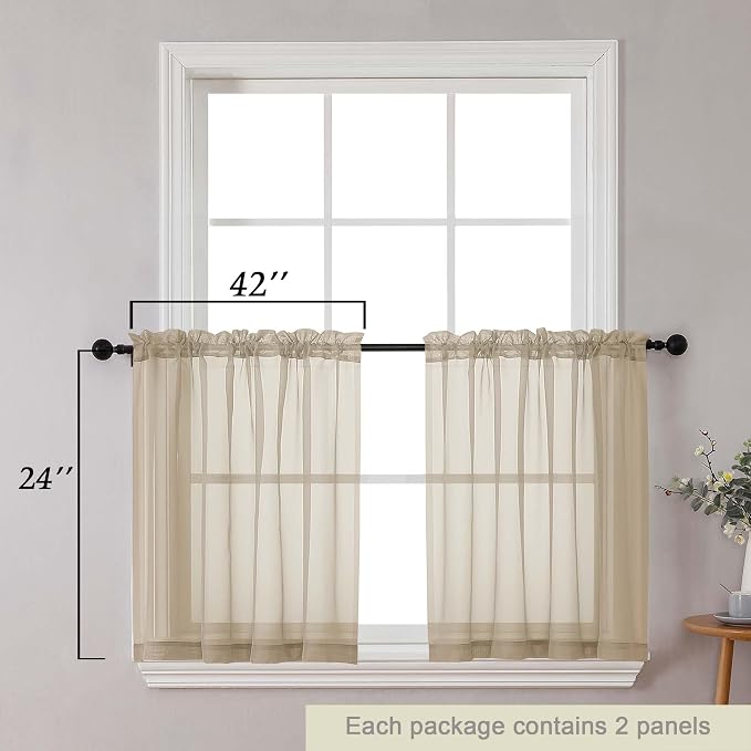 Kitchen Curtains 24 Inch Length Tier 2 Pieces, Taupe Sheer Curtain Solid Soft - Image 2