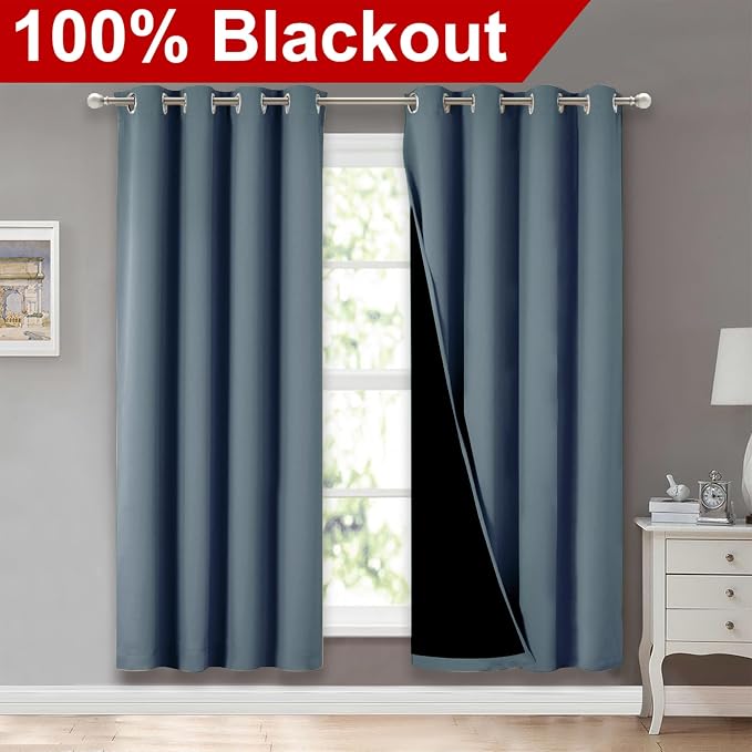 NICETOWN 100% Blackout Window Curtain Panels, Smoky Blue, 2 Pieces, 52-inch - Image 2