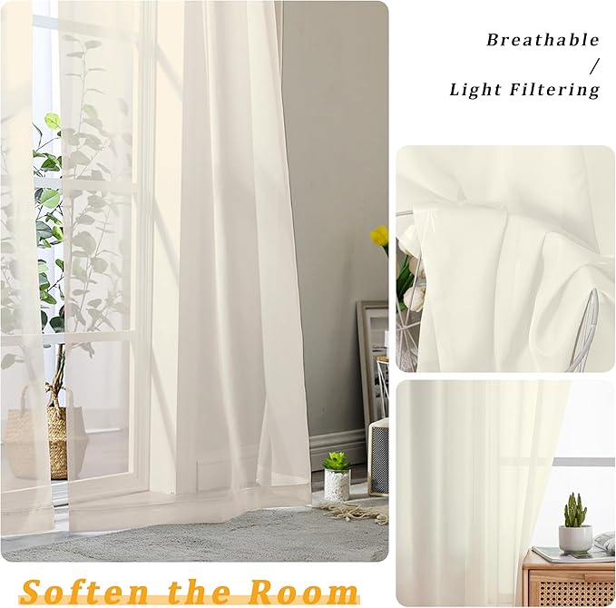 Gwine Cream Sheer Curtains 63 Inches Long 2 Panels Set, Voile Light Filtering - Image 3