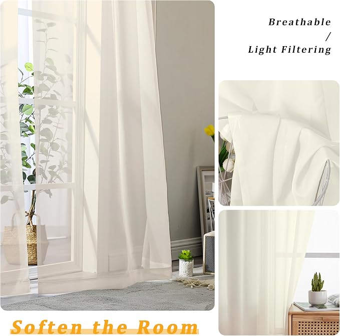 Gwine Extra Long Cream Sheer Curtains 120 Inches Long 2 Panels Set, Voile Light - Image 3