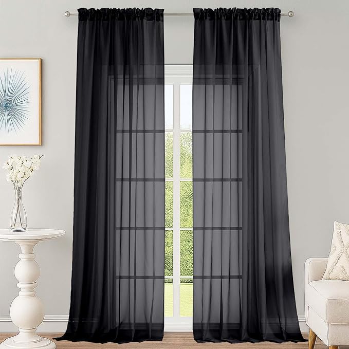 OWENIE Black Sheer Curtains 120 Inches Long 2 Panels Set, Airy Lightweight by OWENIE
