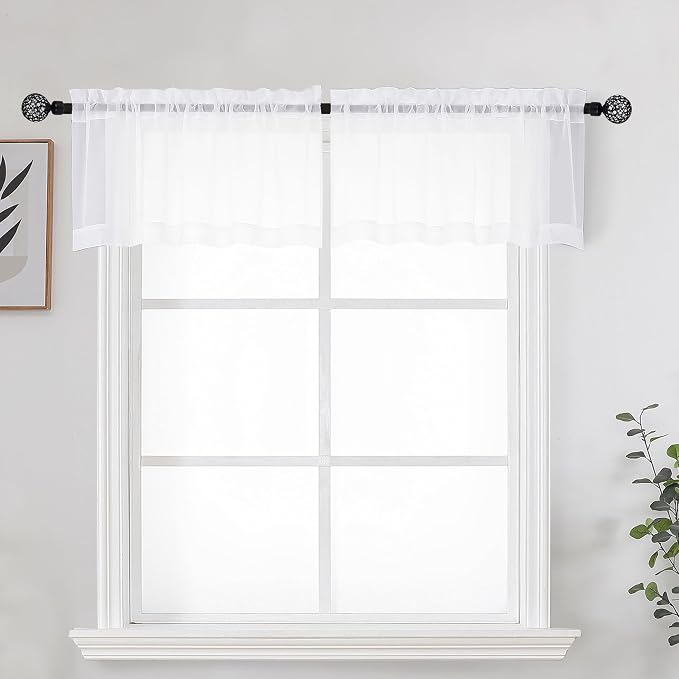 OWENIE White Sheer Curtains for Kitchen Valance Set of 2, Small Short Modern by OWENIE