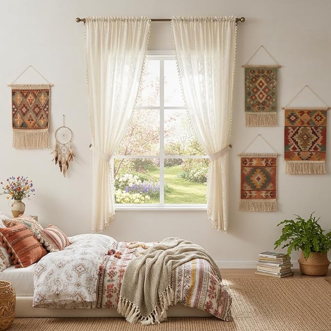 WAZZIO Boho Lace Curtains 2 Panels 63 Inches -Cute Vintage Victorian Sheer - Image 3