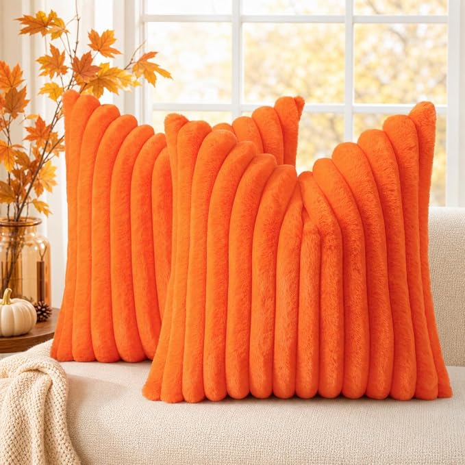 decorUhome Fall Faux Fur Throw Pillow Covers 22x22 Set of 2 Orange | Decorative by decorUhome