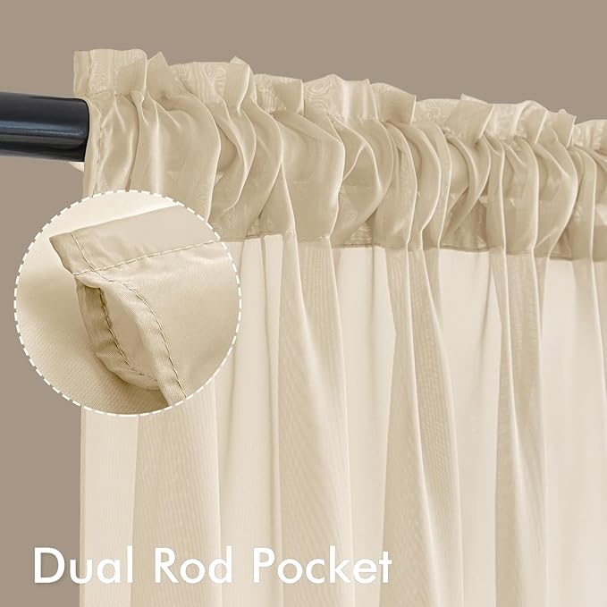 MIULEE Cream Sheer Curtains 63 Inches Long, 4 Panels Set, Light Filtering Rod - Image 3