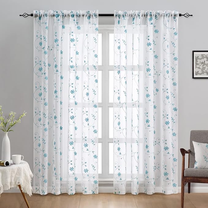 HOMEIDEAS White and Blue Embroidered Floral Sheer Curtains 84 Inches Long 2 - Image 2