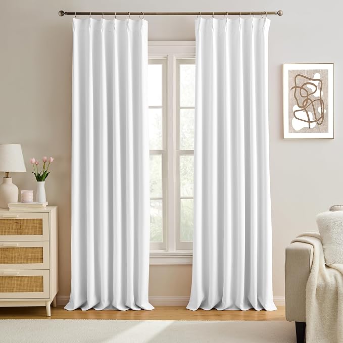 White Linen Pinch Pleat Curtains 92 Inches Long 2 Panels by KEQIAOSUOCAI
