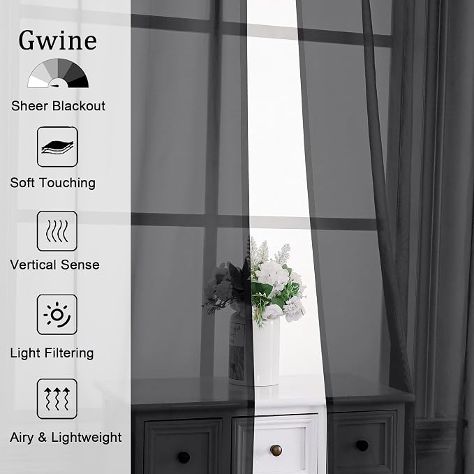Gwine Black Sheer Curtains 90 Inches Long 2 Panels Set, Light Filtering Solid - Image 2