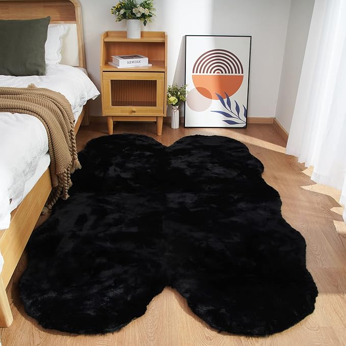 Ghouse Soft Faux Sheepskin Fur Rug 4x6 Black Fluffy Bedside Rugs Plush Rug Shag by Ghouse