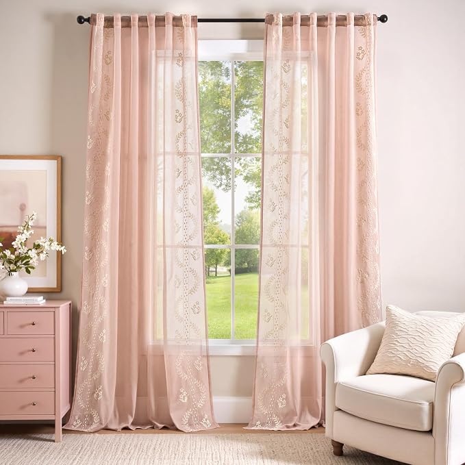 jinchan Belrose Pink Floral Sheer Curtains - Image 2