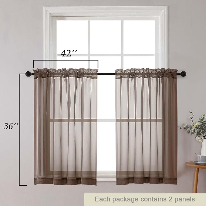 Cafe Curtains 36 Inch Length Tier 2 Pieces, Modern Soft Airy Sheer Kitchen - Image 2