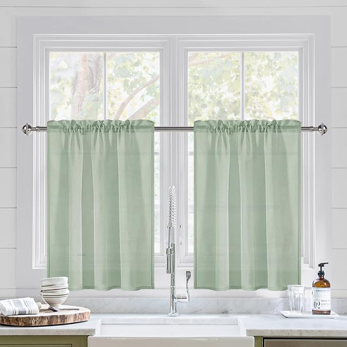 DWCN Bean Green Sheer Curtains for Kitchen Windows by DWCN