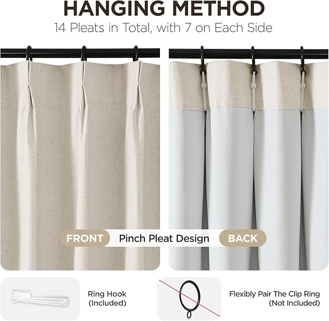 Joydeco 100% Blackout Pleated Curtains, Linen Window Curtains 2 Panel Sets 108 - Image 3