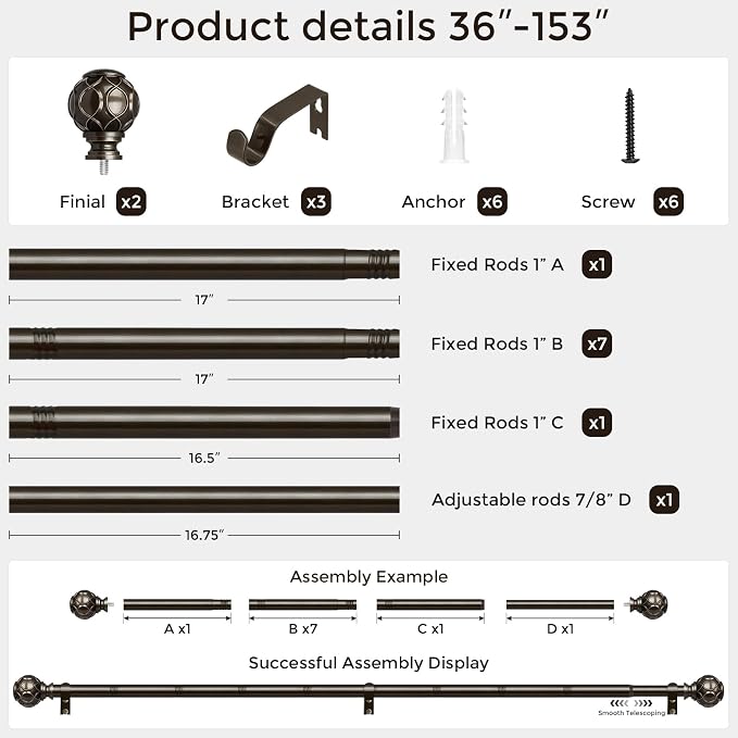 Long Bronze Curtain Rod, Heavy Duty 1 Inch Decorative Curtain Rods - Image 5