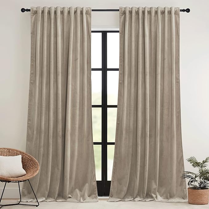 RYB HOME Camel Beige Velvet Curtains 84 inch, Room Darkening Window Curtains - Image 2