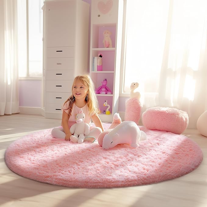 Ophanie Pink Round Rug for Bedroom Girls, Kids Fluffy Kawaii Fuzzy Shag Circle - Image 3