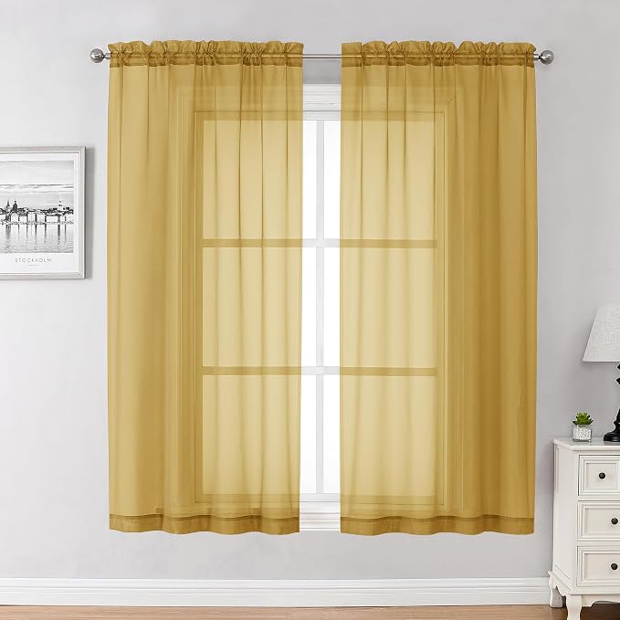 Chyhomenyc Gold Sheer Curtains 63 Inch Length 2 Panels, Rod Pocket Solid Window by Chyhomenyc