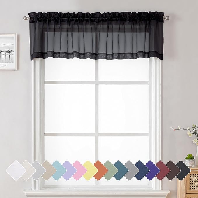 Lecloud Black Sheer Valance for Windows 14 Inch Length 2 Pieces, Light Reducing by Lecloud