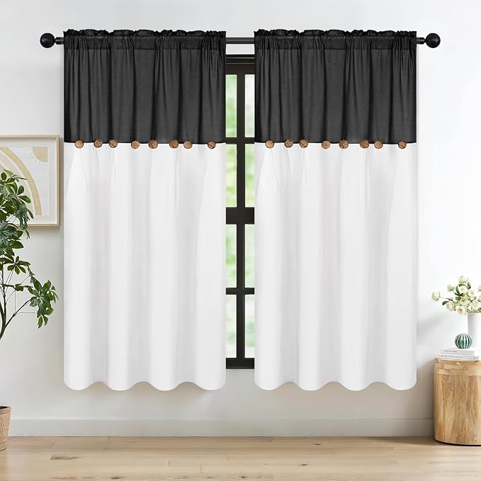 FRAMICS Farmhouse Cotton Linen Curtains, Boho Button Panels, 2 Panels - Image 2