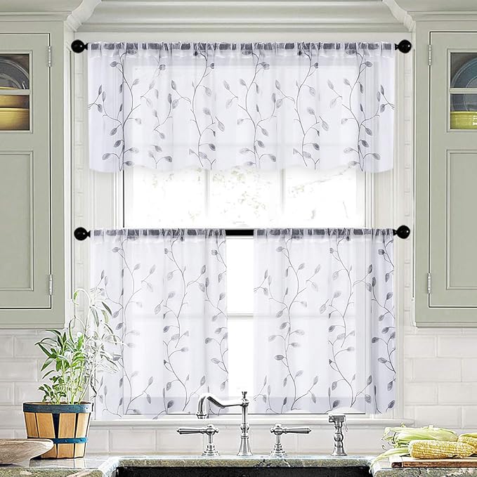 MRTREES Sheer Voile Curtain Valances, Leaves Embroidered Valance Curtains Rod - Image 6