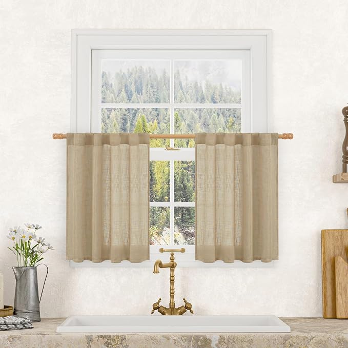 LAMIT Brown Linen Curtains 24 Inch Length, Semi Sheer Light Filtering Window by LAMIT