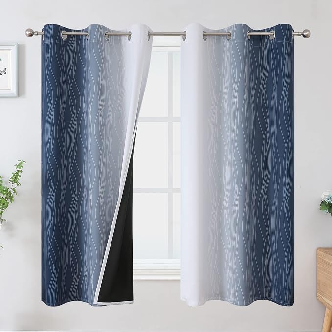 Estelar Textiler Grayish White and Navy Blue Blackout Curtains by ESTELARTEXTILER