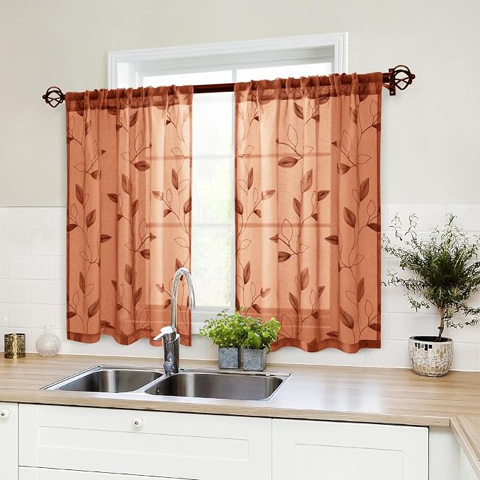 HOMEIDEAS Fall Burnt Orange Sheer Kitchen Curtains 30 X 36 Inch Length 2 Panels by HOMEIDEAS