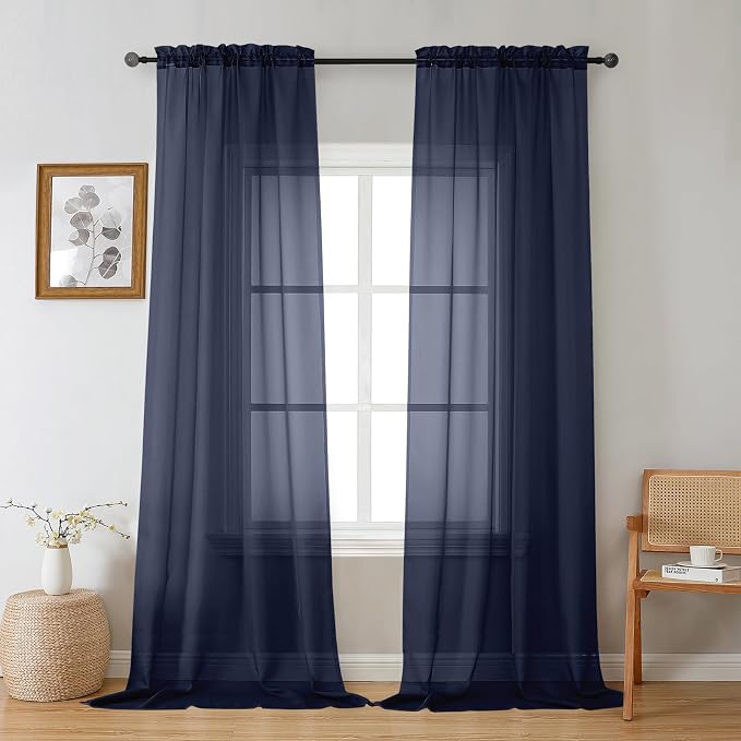 Gwine Navy Blue Sheer Curtains 96 Inches Long 2 Panels, Elegant Window by Gwine