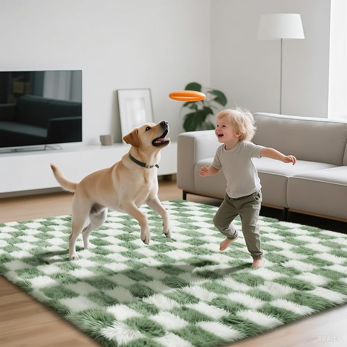 Area Rugs for Bedroom Living Room, 4x6 Green and White Fluffy Soft Checkered - Image 3