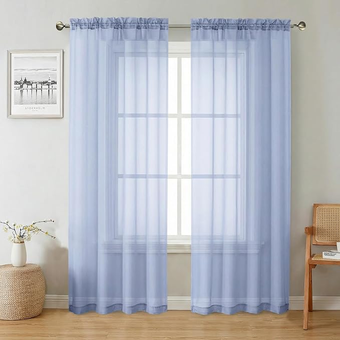 Lecloud Denim Blue Sheer Curtains 72 Inches Long 2 Panels, Rod Pocket Light by Lecloud