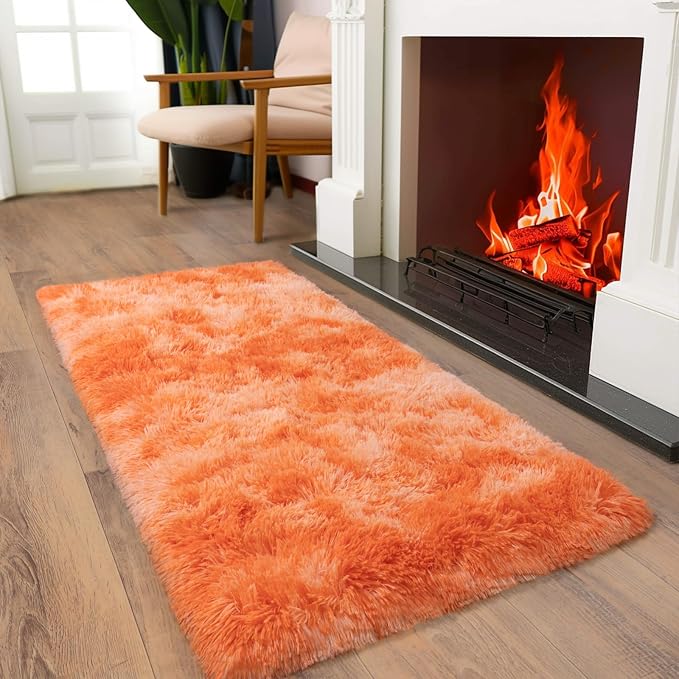 Soft Runner Rugs for Bedroom Hallways, 2x4 Tie-Dyed Orange Fluffy Shag Throw - Image 6