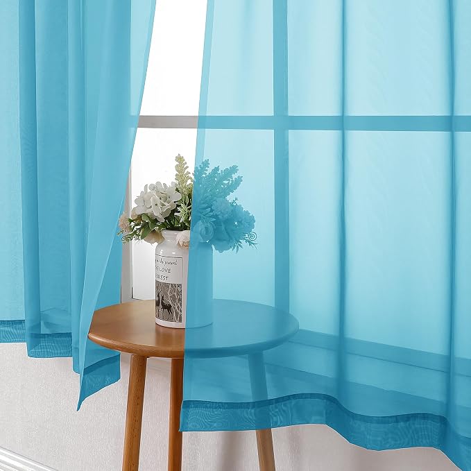 Lecloud Turquoise Sheer Curtains 63 Inch Length 2 Panels, Light Filtering Voile - Image 4