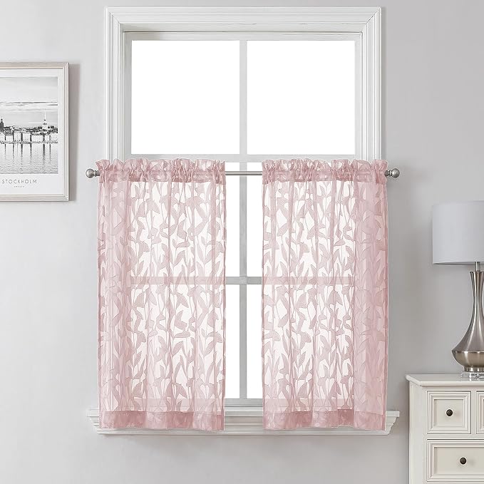 Lecloud Leia Blush Pink Sheer Curtains 36 Inch Length 2 Panels, Jacquard Leaf by Lecloud
